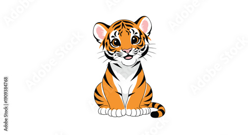 Cute baby tiger cub with large expressive eyes and classic orange and black stripes sitting calmly on a plain white background.