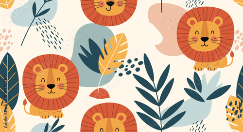 Cheerful seamless pattern of cute cartoon lions sitting amongst tropical jungle leaves and abstract shapes in soft earthy tones.