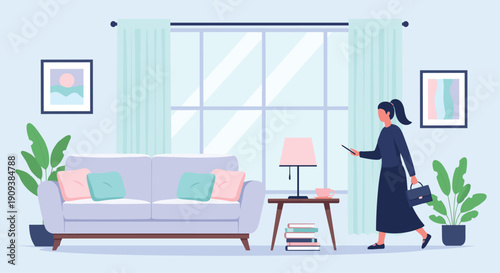 Flat style illustration of a professional woman carrying a briefcase and checking her smartphone in a modern well lit living room.