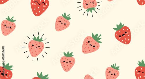 Fun seamless pattern of cute cartoon strawberries with happy faces and expressive eyes on a pale yellow background.