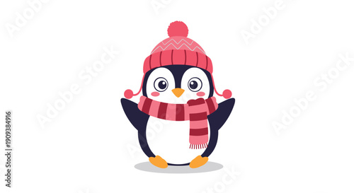 Charming cartoon penguin character wearing a warm pink winter hat and a matching striped scarf standing with its wings open.