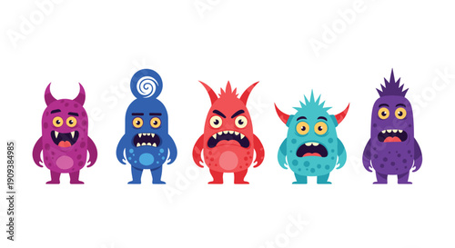 Collection of five unique colorful monster characters with funny expressions, horns, and spikes standing in a row on a white background.