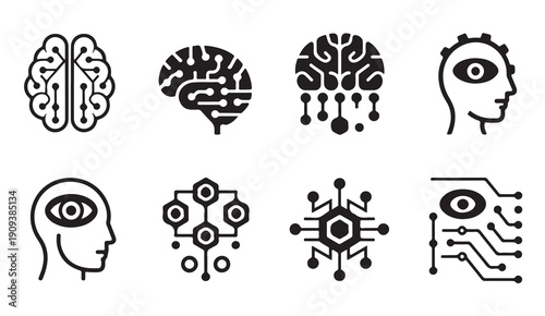 Collection of modern artificial intelligence icons depicting technology, brains and human head vector