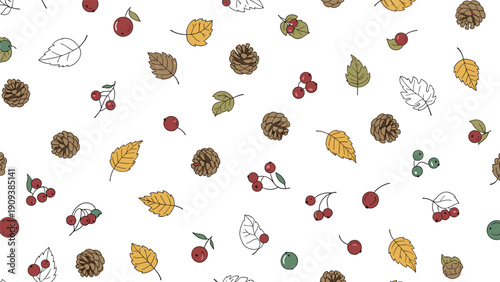 Decorative seamless pattern showcasing various autumn elements like pine cones, colorful falling leaves, and red berries on a white base.