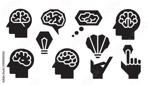 Creative brain and head icon set for intelligence and thinking concepts in vector silhouette