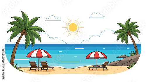 Idyllic tropical beach scene featuring lounge chairs under red and white umbrellas, palm trees, and a bright sun over the blue ocean waves.