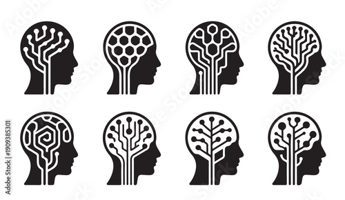 Collection of human head profiles with abstract digital brain circuits inside