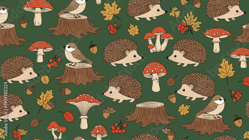 Whimsical forest pattern featuring adorable hedgehogs, small birds, red mushrooms, and tree stumps on a dark green woodland background.