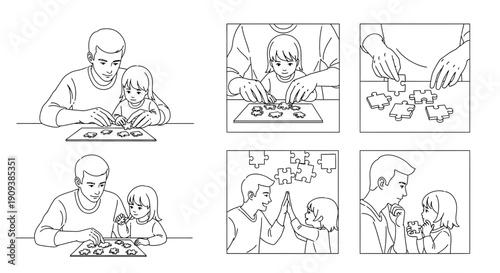 Father and daughter assembling jigsaw puzzle, bonding, learning, and celebrating success together.