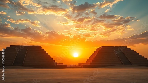 ziggurat. A massive stepped ziggurat ruin under a dramatic sunset sky, silhouette view. inspiring travel planning, real-estate listings, designed for interior renovation comparisons for interiors.
