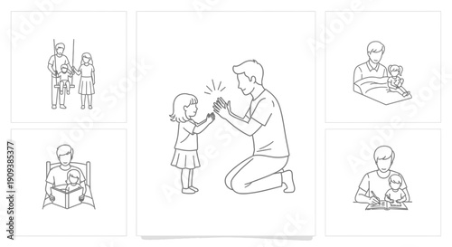 Father and daughter high-fiving, family bonding activities, reading, playing, illustration