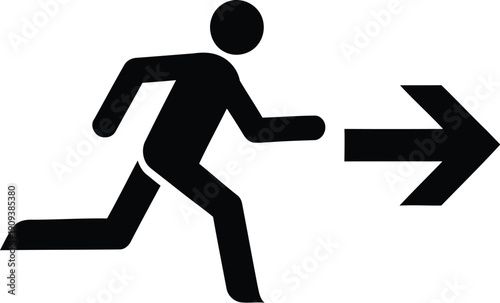 Man running up stairs towards a large black arrow pointing rightward direction illustration