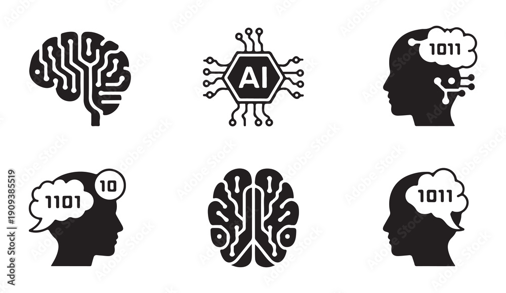 Fototapeta premium AI brain icon with circuits and binary code, artificial intelligence technology