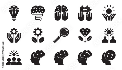 Human mind and creative thinking icon set including brain puzzle and collaboration symbols