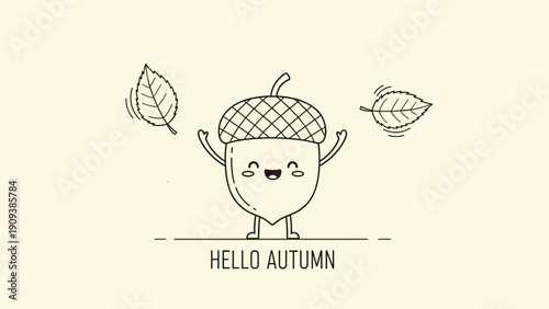 Adorable cartoon acorn character with a happy face waving its arms to welcome the autumn season on a warm cream colored background.
