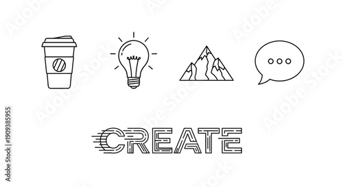 Creative Process Icons: Coffee, Idea Lightbulb, Mountain, Speech Bubble with 'CREATE' Text