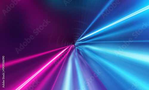 Background of an empty black corridor with neon light. Abstract background with lines and glow