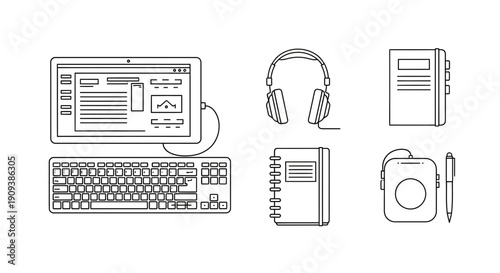 Digital Device Set: Tablet, Keyboard, Headphones, Notebooks, Pen, MP3 Player