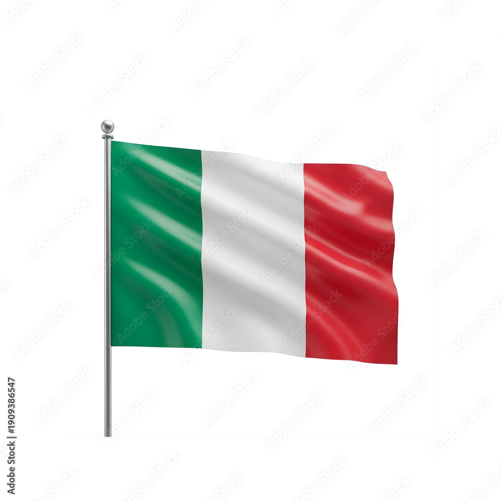Fototapeta premium Italian Flag Waving on Flagpole Isolated on White Background 3D Render