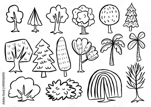Black color diverse forest tree cartoon doodle icon collection for use on info-graphic, maps, social media, bullet journal or printing projects.