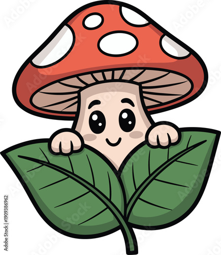 Shy mushroom character peeking from behind a leaf vector on white background.