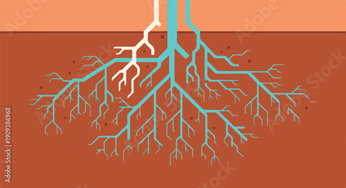 Abstract illustration of a complex root system spreading through soil, with water flowing through some roots.