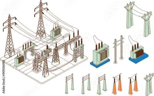 Electrical power substation illustration, high voltage transmission grid, transformer infrastructure diagram, engineering technical energy distribution system drawing