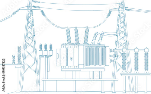 High voltage electrical substation illustration, transformer transmission system diagram, power grid infrastructure, engineering technical energy distribution drawing