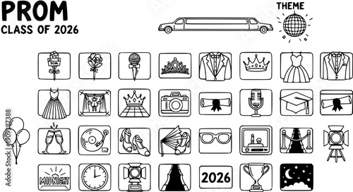 Black and White Line Art Icons for Prom, Featuring Limousine, Disco Ball, Dresses, Tuxedos, and Graduation Caps