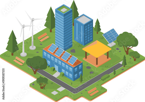 Isometric eco smart city illustration with solar buildings, wind turbines, green park infrastructure, sustainable urban renewable energy environment concept