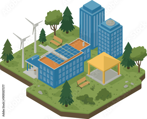 Isometric eco smart city illustration with solar rooftop building, wind turbines, green park infrastructure, sustainable urban renewable energy environment concept