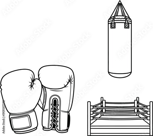 A simple illustration of boxing equipment including gloves and a punching bag and ring.