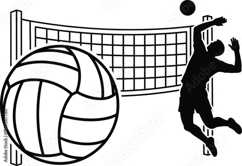 A person jumping to hit a volleyball near a net and a large volleyball.