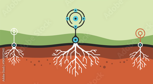Abstract illustration of interconnected root systems with data symbols, representing growth, network, and foundational technology development.