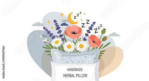 Handmade Herbal Pillow with Poppies, Daisies, Lavender - Sleep Aid Illustration