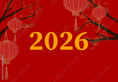 Chinese New Year 2026 festive red background with traditional Chinese lanterns, blooming plum blossom branches, and elegant golden text. Symbol of luck, prosperity, wealth, and new beginnings for Luna