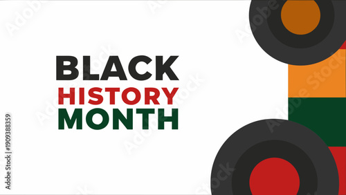 Black history month awareness poster with colorful geometric shapes and bold text on white background