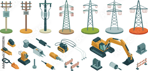 Isometric electrical utility towers, power poles, excavator machinery, industrial tools, and infrastructure equipment illustration icon collection