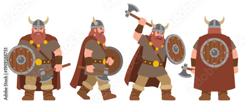 Cartoon viking warrior character set in different poses and views isolated on white background, vector illustration