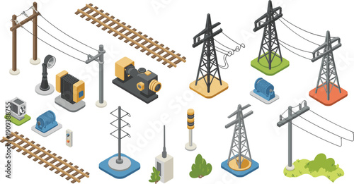 Isometric railway and electrical infrastructure illustration, power poles, transmission towers, industrial equipment, utility engineering component icon set