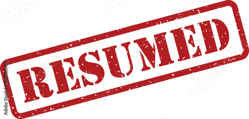 A clear red textured rubber stamp impression prominently features the important word RESUMED on white