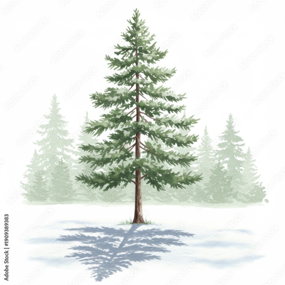 Fototapeta premium Evergreen Tree Covered with Snow in Winter Forest with Soft Background and Shadows