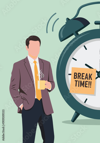 Businessman enjoying a coffee break as an alarm clock signals rest time