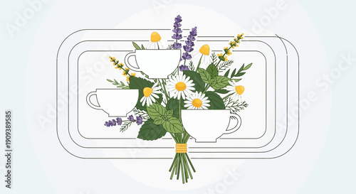 Herbal Tea Bouquet with Cups: Chamomile, Lavender, Mint - Flat Illustration