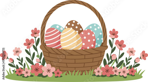 A colorful wicker basket filled with traditional Easter eggs and spring flowers sits on green grass as a seasonal holiday decoration