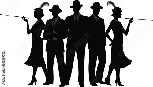 Retro mafia silhouette group, vintage gangster men wearing fedora hats with elegant women holding cigarette holders, classic film noir style isolated