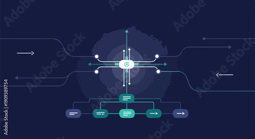 Abstract digital network diagram with glowing connections and data flow on dark blue background, representing technology and connectivity