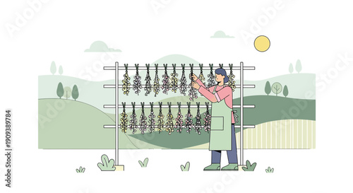 Herbalist Drying Herbs Outdoors in a Rural Landscape