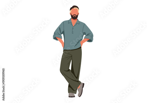 Confident bearded man in casual wear standing with hands on hips