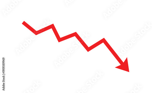 Downward zigzag arrow. Red negative trend symbol. Falling graph direction concept.